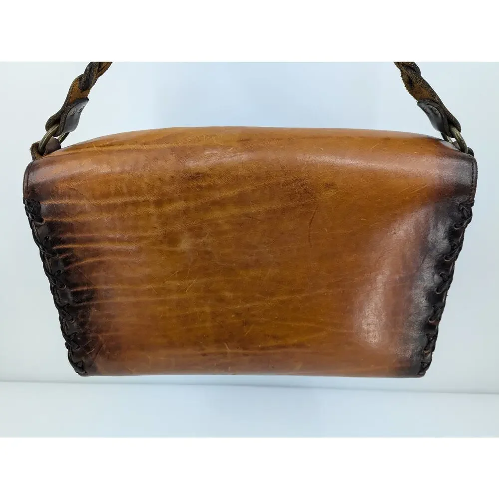 Vintage Tooled Leather Satchel, Whipstitch Boho Western Bag, Large, Brown Key